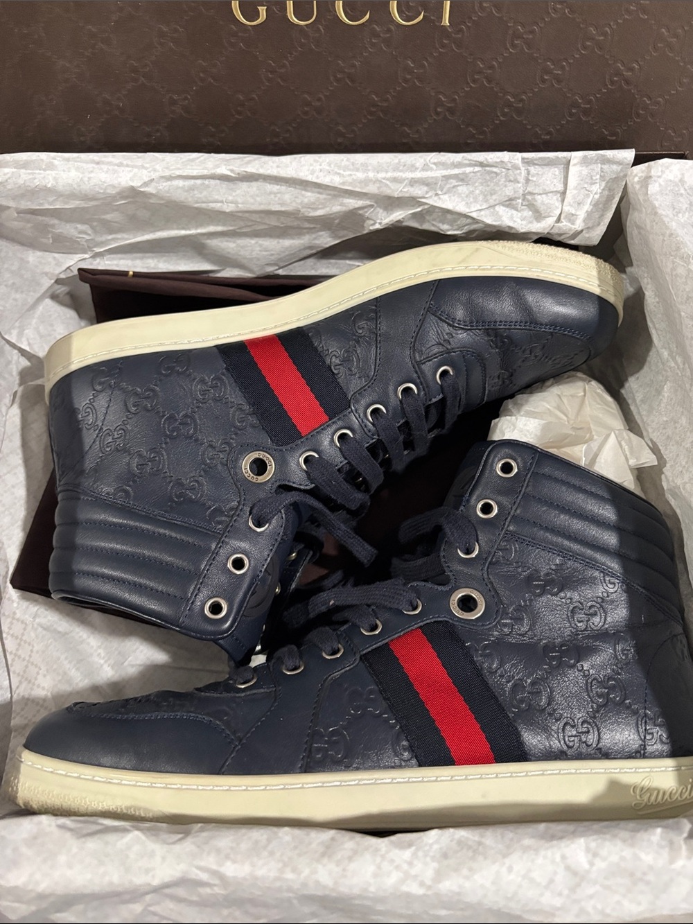 Gucci Navy High-Top Sneakers with Red Stripe